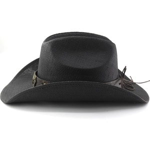 Detail of black woven cowboy hat featuring brown leather band and metallic buckle