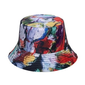 Colorful watercolor tie-dye bucket hat with abstract graffiti pattern for summer fashion