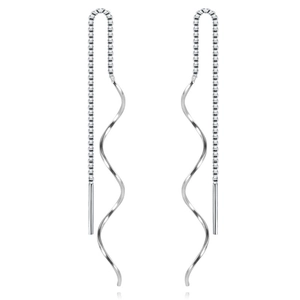 Elegant S925 sterling silver long spiral wave chain earrings with a minimalist design