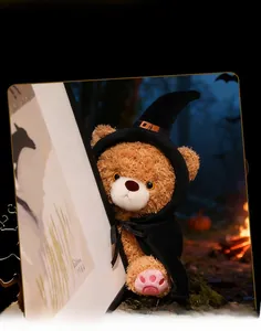 Close-up of Halloween teddy bear featuring a wizard hat, black cloak, and pink paw pads