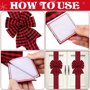 Detail view of red and black buffalo plaid cabinet bow with velcro strap for easy attachment