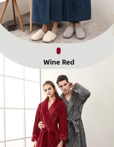 Detailed view of thick wine red velvet bathrobe featuring wide lapel and waist tie strap