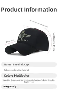 Detailed view of the embroidered shield logo and WOLF lettering on a black cotton baseball cap