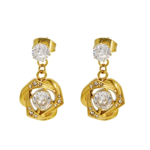 Luxurious gold cross earrings with sparkling zircon crystals and geometric pentagon drop