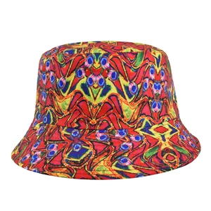 Top view of bucket hat featuring vibrant colorful abstract geometric patterns on white background