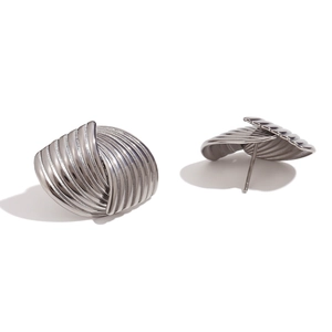 Silver geometric fan-shaped stud earrings with spiral textured pattern in metallic finish