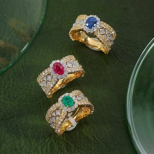 Vintage Italian Court Style Lace Hollow Pattern Two Tone Gold Plated Copper Ring With Oval Colorful Rhinestone For Women