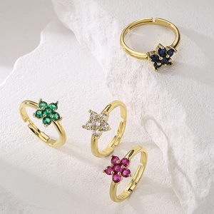 Exquisite 18K gold-plated flower rings with colorful zircon inlays on white stone