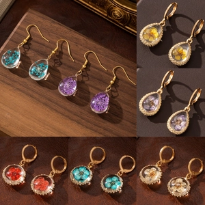 Fresh Copper Dried Flower Glass Ball Drop Earrings For Women Retro Botanical Flower Resin Pendant Earrings Seaside Vacation Jewelry
