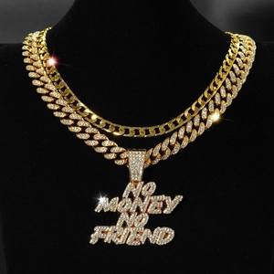 Collana con Pendente NO MONEY NO FRIEND Iced Out Hip Hop Lega di Zinco Maglia Cubana Doppio Strato Gioielli Streetwear Unisex