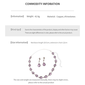 Detail view of purple rhinestone flower necklace set with specifications and dimensions