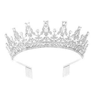 Detail view of silver bridal crown featuring shimmering rhinestones and secure side combs