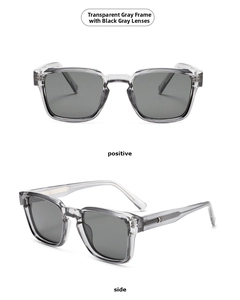 Translucent grey square sunglasses with dark grey lenses shown from front and side view