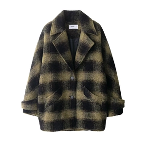 Women Plaid Long Coat Polyester Woolen Texture Checkered Jacket Lapel Button Up Elegant Casual Streetwear Outerwear