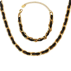 Collier Et Bracelet En Chaîne De Cuir Tissé Acier Au Titane Plaqué Or 18K Bijoux Élégants Style Ins Pour Femmes