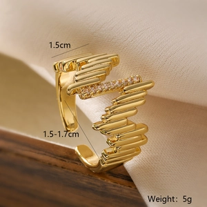 Detail shot of 18K gold plated layered ring with zircon and size specs (1.5cm width)