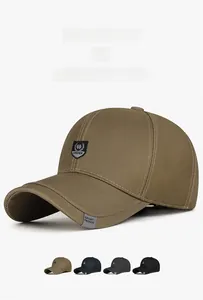 Detail view of khaki business baseball cap with logo and four color options at bottom