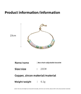Detail of adjustable box chain bracelet with colorful rectangular zircon stones