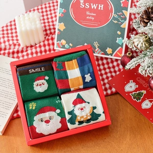Christmas socks 4-pair gift set with Santa and tree patterns in red holiday box