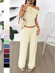 Women Single Shoulder Sleeveless Top And High Waist Wide Leg Pants Textured Pleated Summer Vacation Casual Fashion Outfit