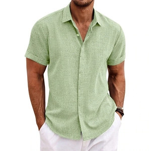 Chemise décontractée pour hommes en coton et lin vert clair à manches courtes et col