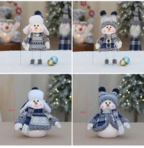 Detail view of blue and grey plush Christmas snowmen with 33cm and 26cm height dimensions