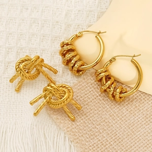 Twisted Knot Stud And Textured Hoop Earrings 304 Stainless Steel 18K Gold Plated Hypoallergenic Minimalist For Women