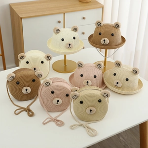 Chapeau En Paille Et Sac Bandoulière Pour Enfants Oreilles D'ours Dessin Animé Protection Solaire Été Filles Garçons