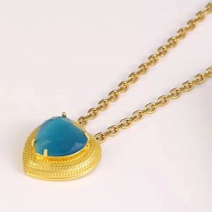 Heart Waterdrop Necklace Copper Gold Plated Zirconia Blue Pink Stone Romantic Jewelry Women Wedding Gift Ocean Style