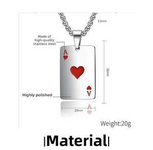 Detailed view of high polished ace of hearts pendant necklace with dimensions