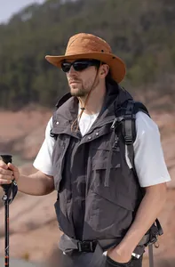Detail of wide-brim sun hat with adjustable cord for outdoor hiking and climbing