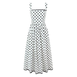 Robe Maxi Vintage en Coton à Pois et Vichy pour Femmes Sexy Col Carré Sans Manches Dentelle Dos Nu Style Campagnard