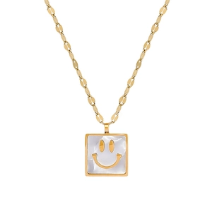 Minimalist square mother-of-pearl smiley face pendant on gold titanium steel chain