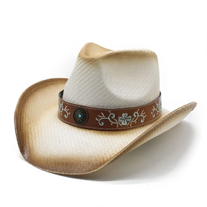 Chapeau de cow-boy en paille à large bord avec broderie florale et accent turquoise