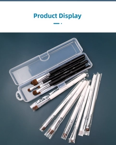 Macro detail of clear plastic cosmetic brush organizer box with secure buckle clasp