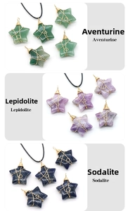 Detail of star-shaped crystal pendants in Aventurine, Lepidolite, and Sodalite with gold wire