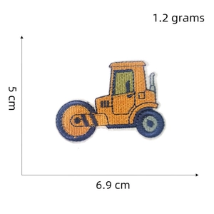 Detail view of yellow steam roller embroidered patch showing dimensions 6.9cm by 5cm