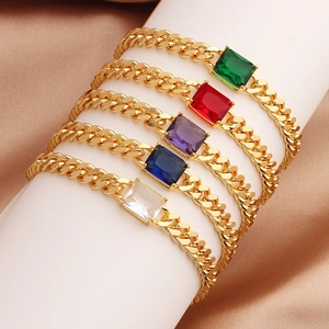 Detailed display of rectangle zircon bracelets on a white stand with satin background