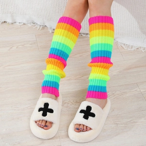 Rainbow striped knit leg warmers for women Y2K JK style thigh high boot covers
