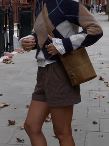 Detail of navy blue diamond pattern sweater with white lace shirt collar and wool shorts