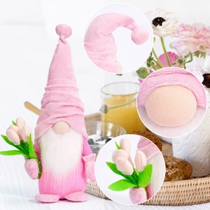 Detail view showing soft plush texture and knitted nose of pink tulip gnome decoration