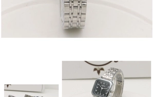 Detail of NAIDU silver square watch with black dial and five-link stainless steel band