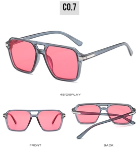 Three views of square frame sunglasses with double bridge and pink transparent lenses