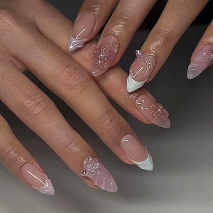 Press On Nails 3D Butterfly French Gradient Blush Pink Artificial Pearl Rhinestone Almond Shape Elegant Sweet Handcrafted