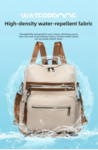 Close-up of beige waterproof high-density fabric with water droplets on the backpack