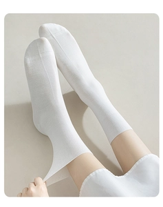 Close-up detail of white cotton crew socks, showing soft elastic top and breathable fabric texture.