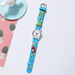Detail view of a blue silicone kids watch with a 3D dinosaur strap and dino motif