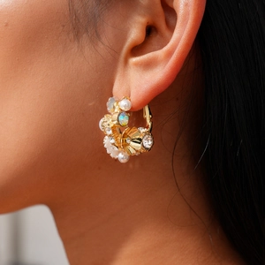 Close-up of floral hoop earring with pearls and diamonds on a model ear