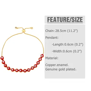 Size chart showing 28.5cm adjustable gold plated chain with 0.6cm enamel evil eye pendant