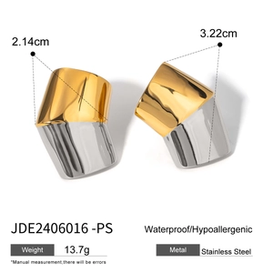 Detailed view of two-tone stainless steel earrings with dimensions 2.14cm and 3.22cm